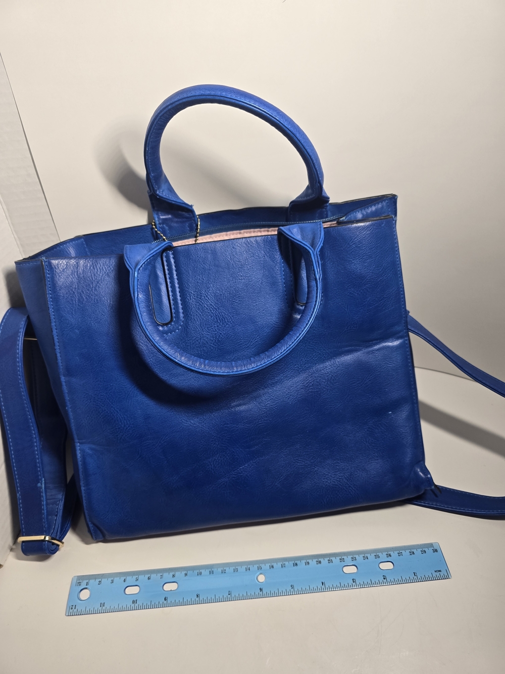 Stylish Royal Blue Leather Tote with Top Handles and Detachable Strap